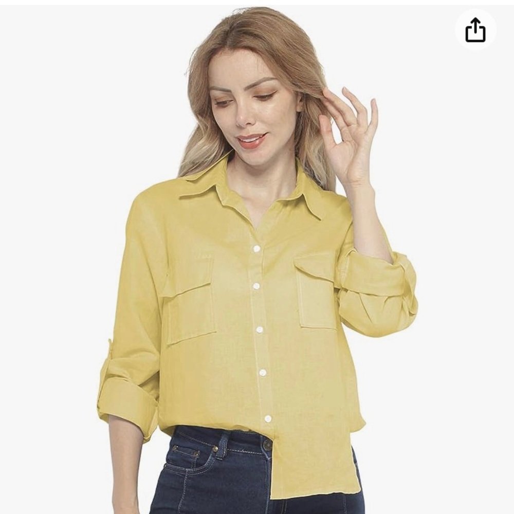 Yellow Women's Linen Button-Down Long Sleeve Shirts with Pockets-NWT